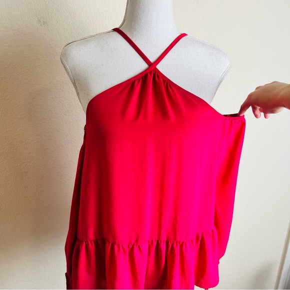 Sienna Sky Fuchsia Cold Shoulder Halter Ruffle Drop Waist Long Sleeve Blouse - Picture 5 of 12